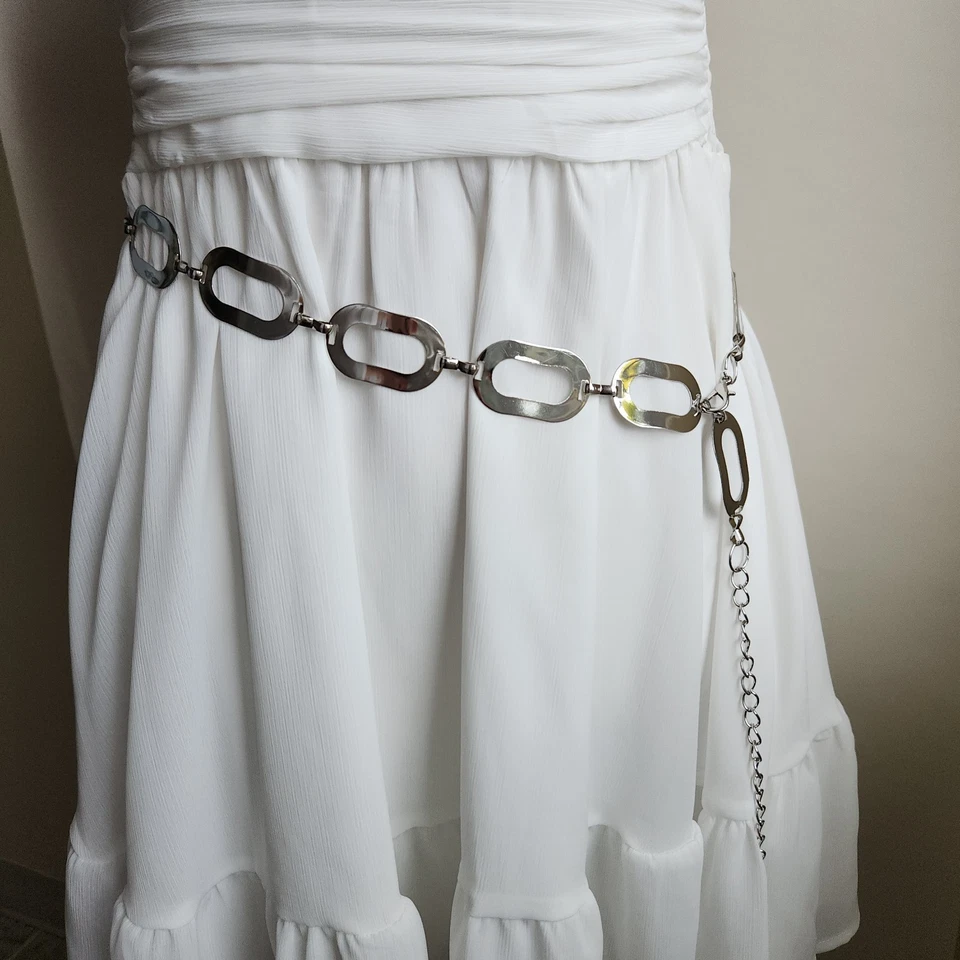 Винтажный серебристый регулируемый пояс-цепочка 32–40 дюймов ретро аксессуар - Изображение 2 из 4