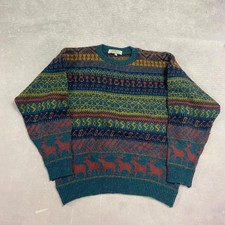 Vintage Knitted Jumper Abstract Reindeer Patterned Grandad Knit Sweater Men's Xl