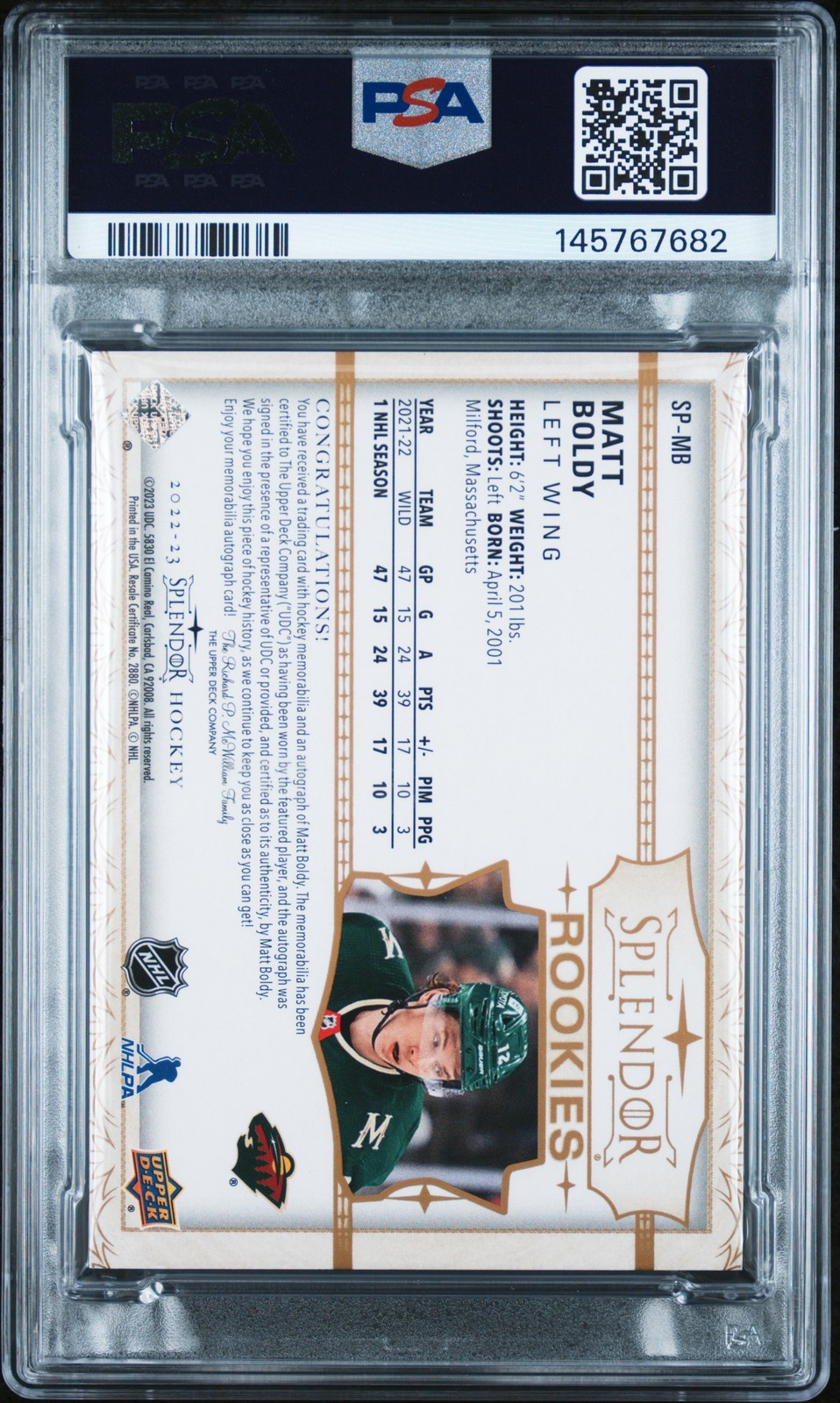 2022 UD THE CUP SPLENDOR ROOKIE AUTO PATCH #SPMB MATT BOLDY RC /49 PSA 8 AUTO 10 view 2