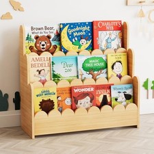 3-Tier Scalloped Bookshelf, Montessori Bookcase for Toddlers, Wooden Book She...