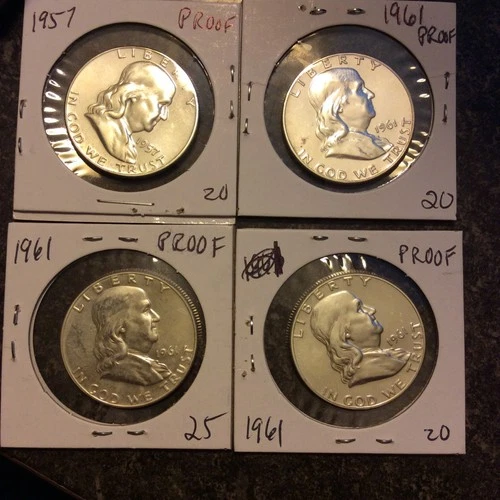 4 COIN LOT OF PROOF FRANKLIN HALVES 1957 1961 X3 SILVER