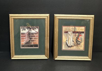 2 pc. Set SIGNED Christmas Mantel Art Print Matted & Framed, A. Smith, 10 x 12 