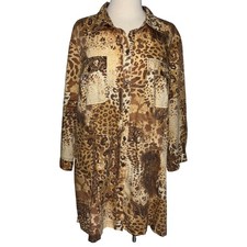 Caribbean Joe Animal Print Button Front Tunic Top XL Estimate 3/4 Sleeve Brown