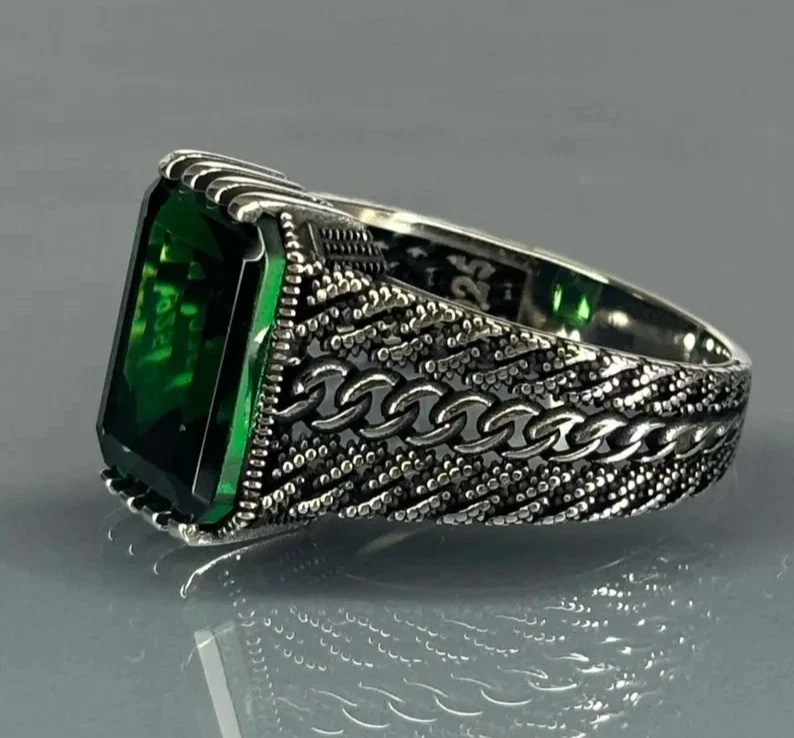 Handmade 925 Sterling Silver Emerald Men's Ring - Chain Turkish Design - Image 2 of 3