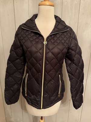 Michael Kors Down Fill Quilted Packable Black Full Gold Zip Puffer Coat Jacket S