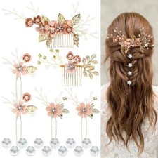 18 Pieces Bridal Wedding Party Prom Pearl Rhinestone Flower Hair Side Pink