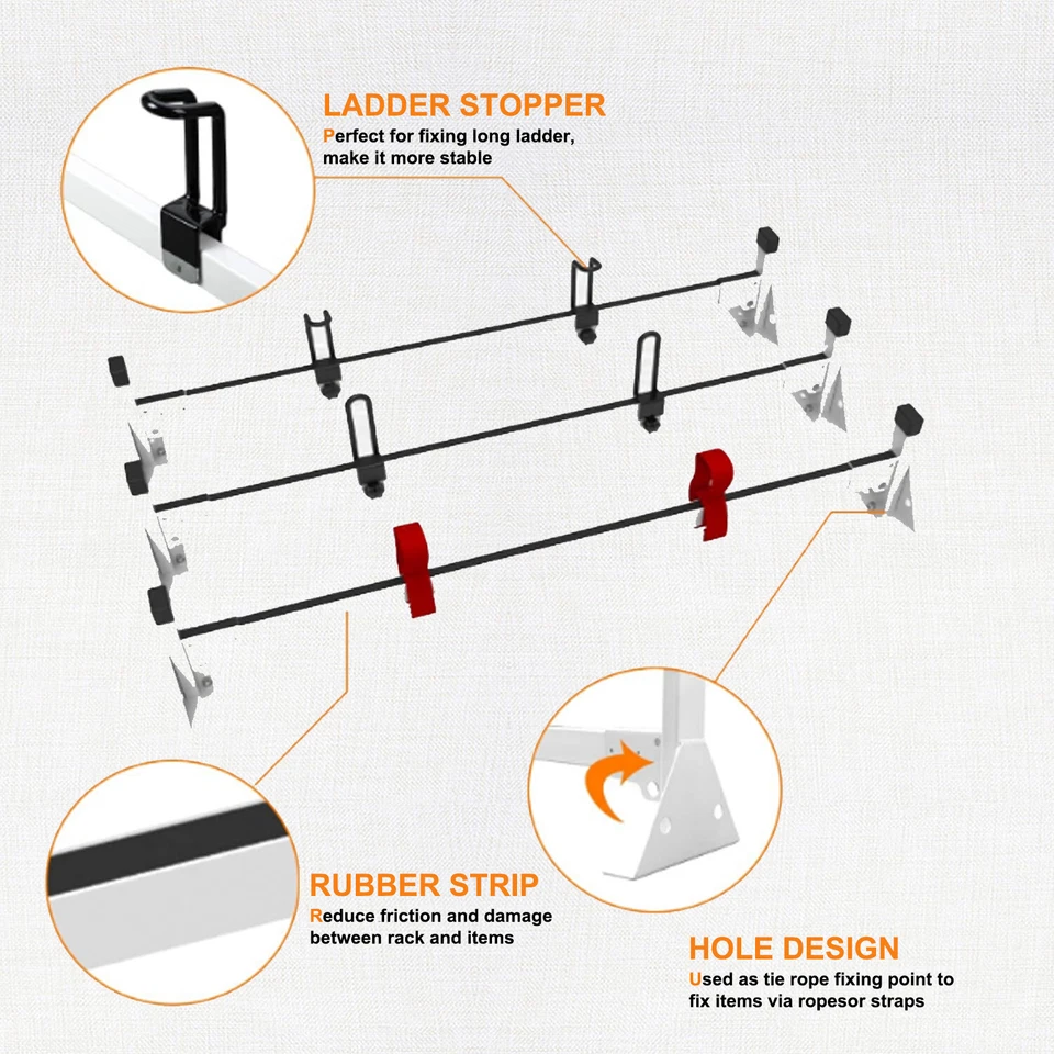Baca de techo con escalera de 54" 3 barras con rodillo de carga para Ford Transit 150 250 350 2015-2024 Foto 4 de 4