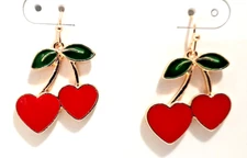 Red Cherry Heart Pierced Earrings Gold Tone