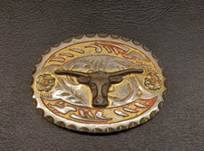 Vintage Chambers Belt Co Western Cowboy Bull Steer Cattle Two Tone Belt Buckle