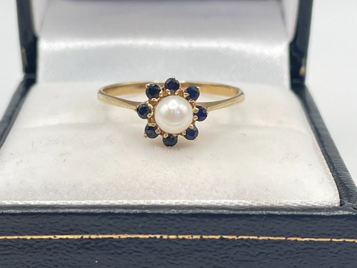 9ct Gold Hallmarked Sapphire & Pearl Cluster Ring. Goldmine Jewellers. - Picture 5 of 8
