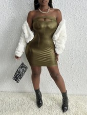 Sexy PU Leather Khaki Green Cut Out Front Strapless Mini Dress Size M 10