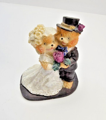 Adorable Teddy Bear Wedding Cake Anniversary Topper Bride & Groom with Flowers