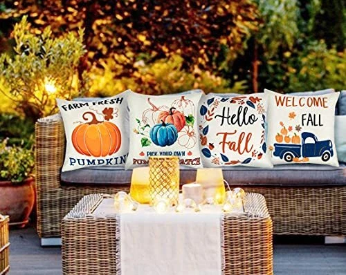 Fall Pillow Covers 18x18 Set of 4, Autumn Fall Outdoor Pillows