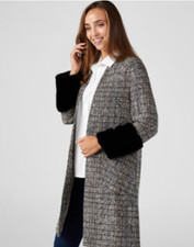 Helene Berman Collarless Long Duster Coat Tweed Faux Fur Cuffs Uk 10 Grey Bnwt