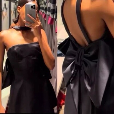 ZARA WOMAN BOW TRIM VOLUMINOUS SATIN EFFECT MINI DRESS BLACK