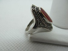 925 Sterling Silver Real Marcasite  Carnelian Gemstone Ring Size 6