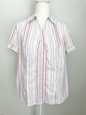 Lane Bryant Women Button Down Blouse Size 16 White Pink Striped Pleated Buckle