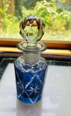 Antique COBALT BLUE PERFUME BOTTLE Cut To Clear Glass 5'' EXCEPTIONAL Crystal