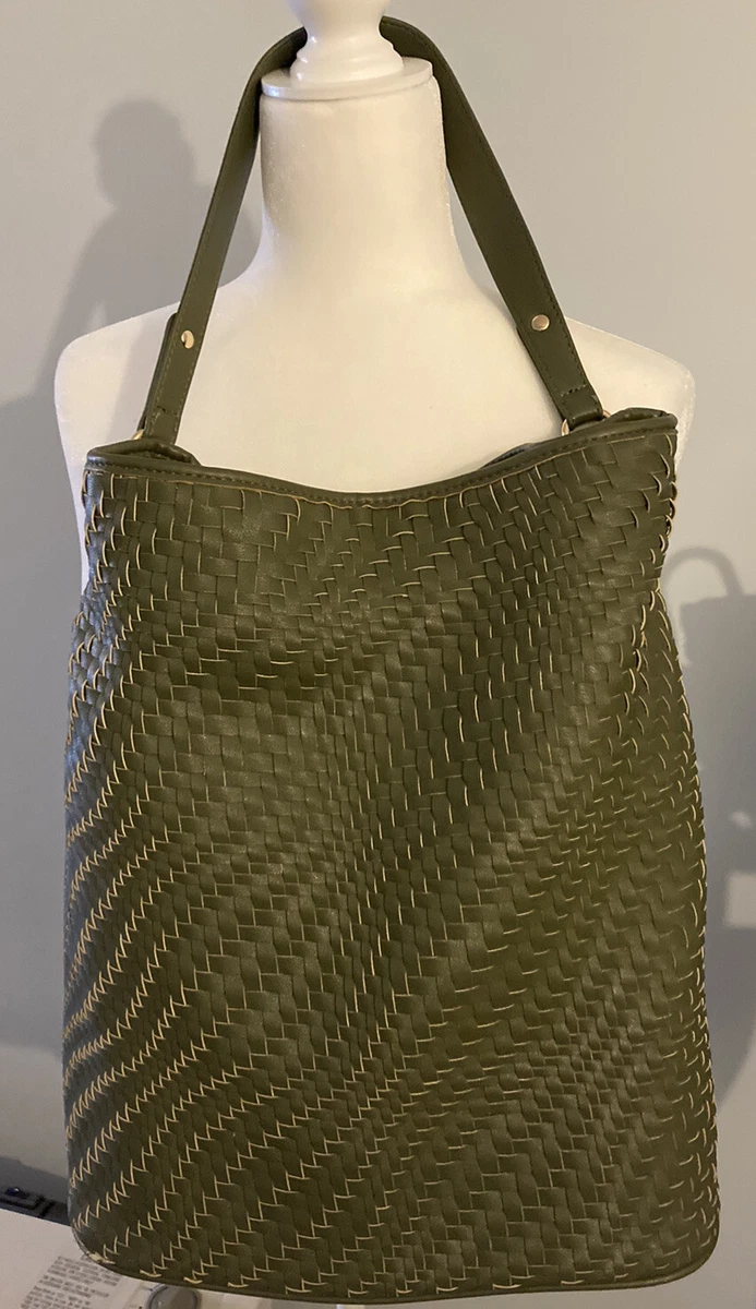 Deux Lux Green Woven Faux Leather Dark Sage Green Bucket Style Shoulder Bag