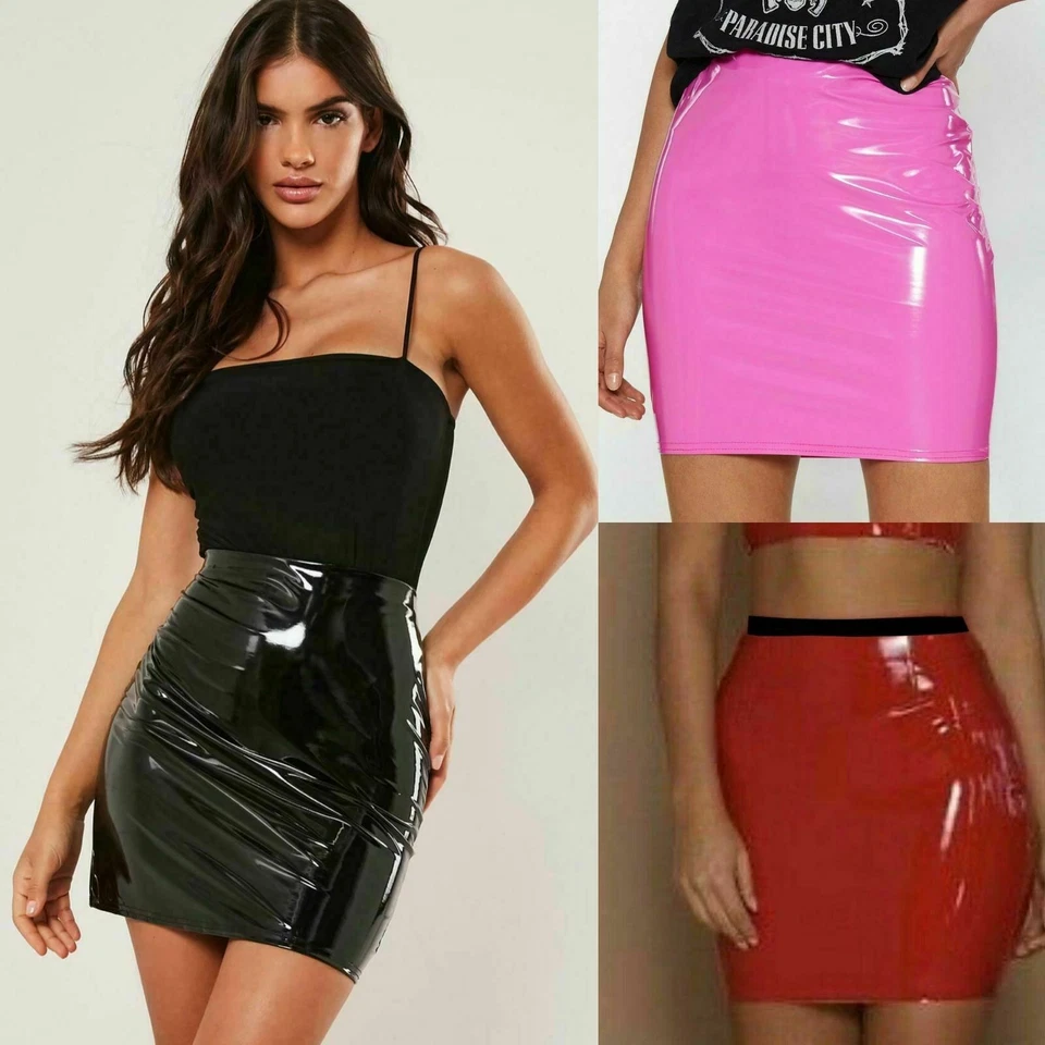 Womens PU Vinyl Bodycon Midi Skirt Ladies Night Out Party Wet Look Pencil Skirt  - Image 2 of 2