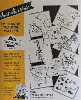 Aunt Martha's 3891 Whimsical Jungle Animals Baby Embroidery Transfer Pattern NEW