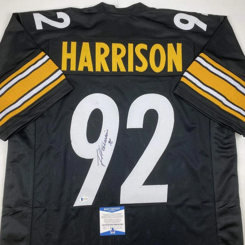 Camiseta de fútbol americano negra autografiada/firmada de James Harrison Pittsburgh Beckett certificado de autenticidad Foto 2 de 4