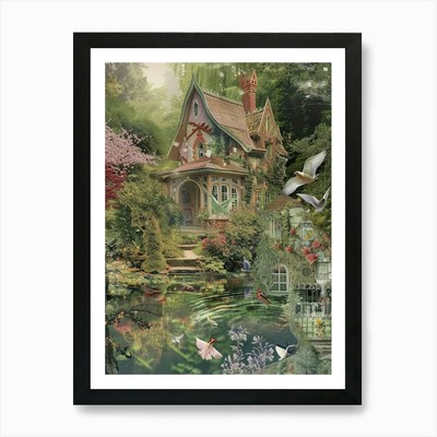 Feenhaus Collage Teich Monet Schrott gerahmtes Wandbild Poster Leinwanddruck Bild