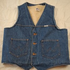 VTG Wrangler Mens Blue Denim Jean Trucker Vest Sherpa Lined USA Made No SZ Tag