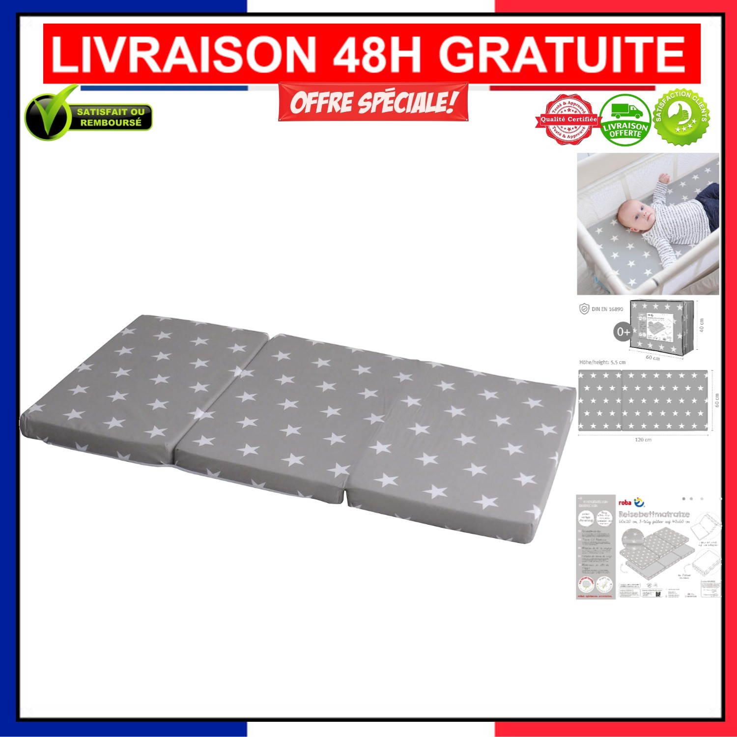 Matelas bébé de voyage pliant 60x120 cm en mousse pour lit parapluie
