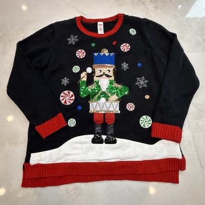 Holiday Time Nutcracker Light Up Ugly Christmas Sweater XL Black Red