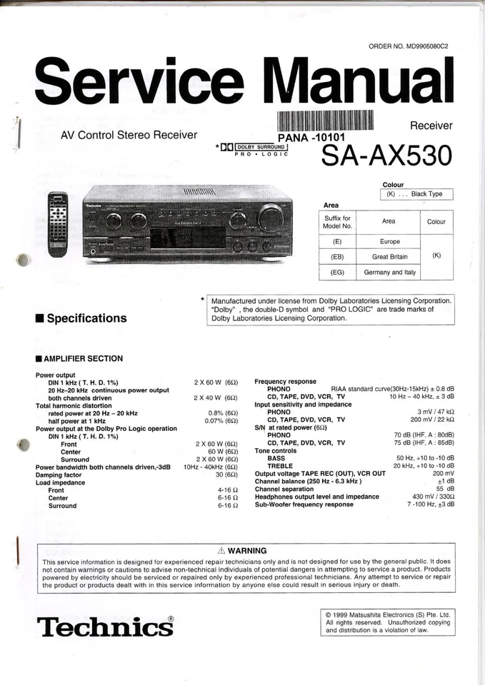TECHNICS Service Manual für SA-AX530 AV Control  Stereo Receiver - Bild 1 von 1
