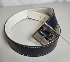 Vintage Swank Blue Faux Leather Belt White Interior Stitched Brass Buckle 34