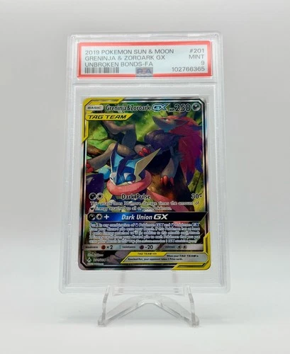2019 POKEMON UNBROKEN BONDS UR GRENINJA & ZOROARK GX TAG TEAM 201/214 PSA 9