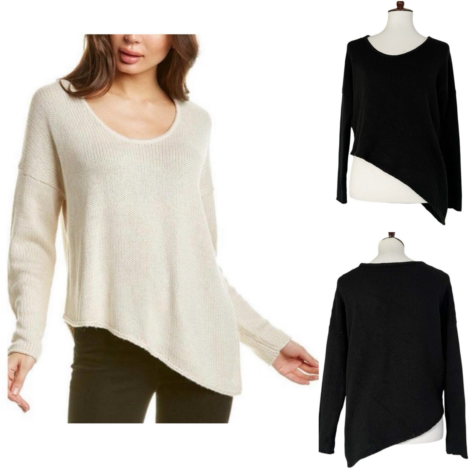 Helmut Lang Women's Black Scoop Neck Wool Blend Asymmetrical Knit Sweater Size M