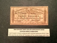 $30 Dollar 1864 Confederate States Civil War Coupon with FREE US  SHIPPING