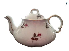 Teapot-Vintage Ellgreave England Wood's White/Pink Rose/Gold Trim Small