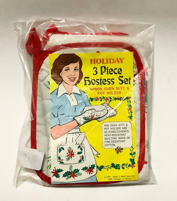 Holiday 3 Piece Hostess Set VTG 1976 Apron Oven Mitt NOS