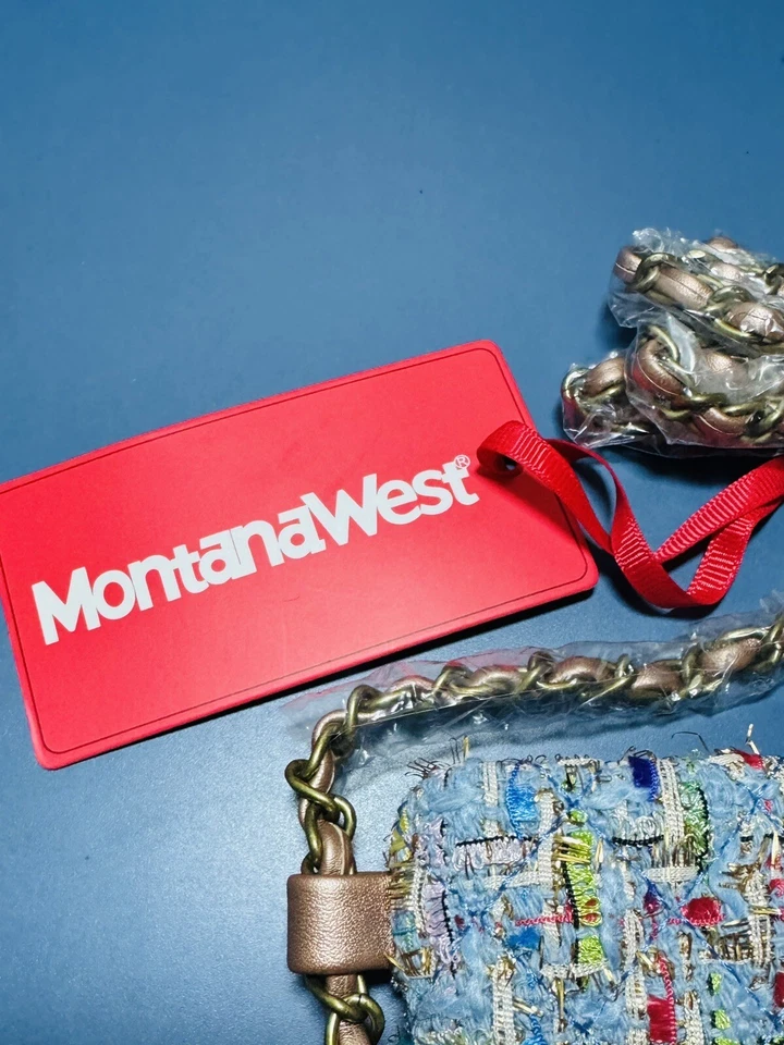 Bolso sin asas Montana West azul/verde cadena dorada bordado puntada bolso cartera Foto 3 de 4