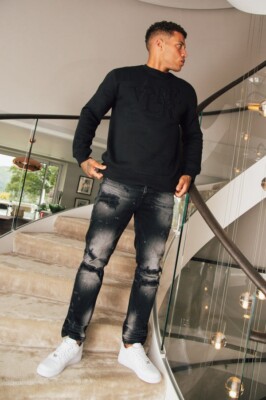Valere Milano Herren Slim Fit Tapered Jeans Ripped Repair Stretch Denim Hose