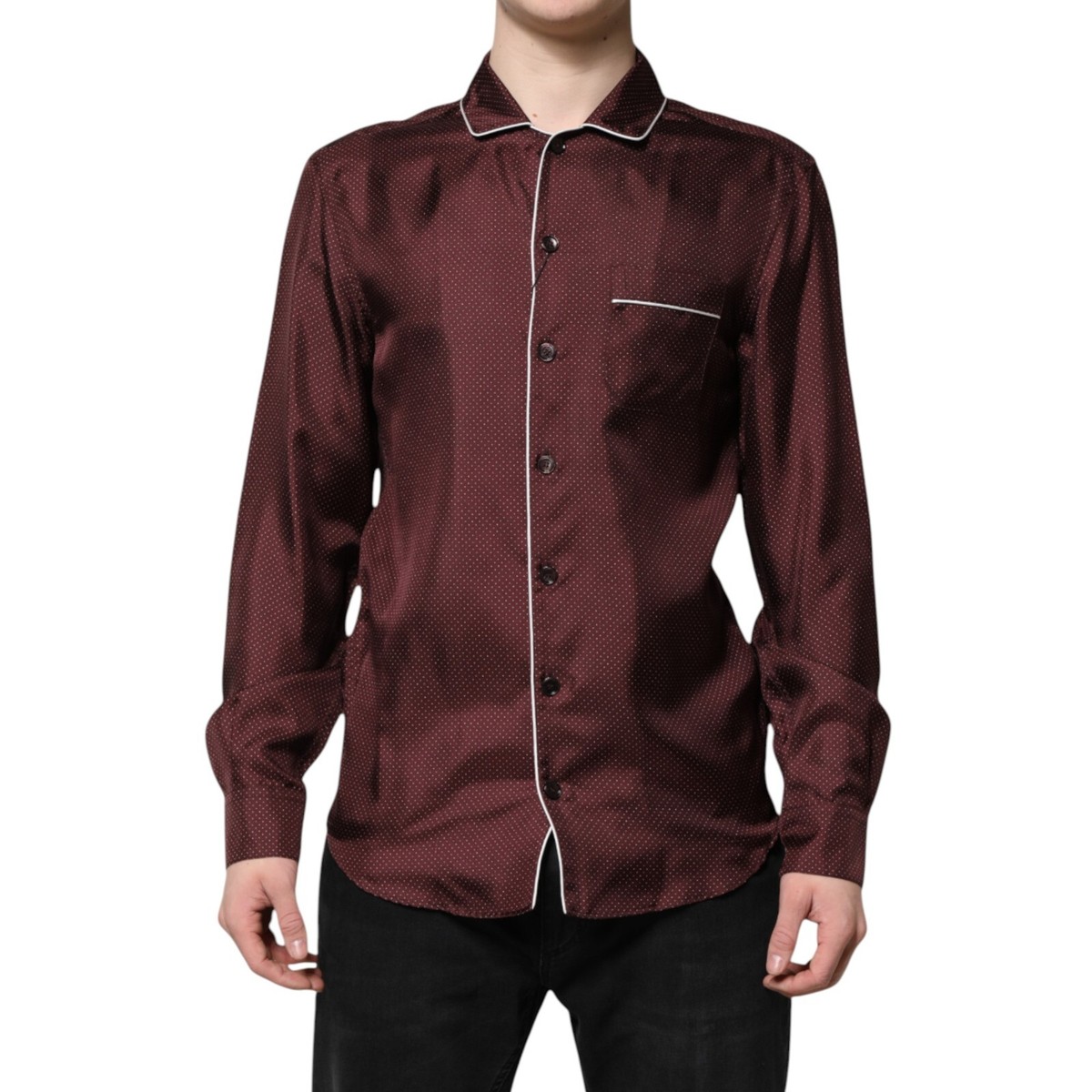 DOLCE & GABBANA 長袖シャツ DOLCE & GABBANA Shirt Burgundy Silk Dotted Long Sleeves Men 43