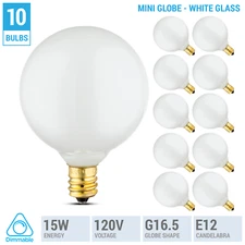 10 Pack Mini Decorative Globe Bulbs 120V 15W G16.5 Candelabra E12 Base White