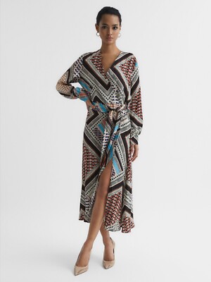 Reiss Womens ALEGRA SCARF PRINT in PINK/BLUE MIDI DRESS UK Size 10 | eBay