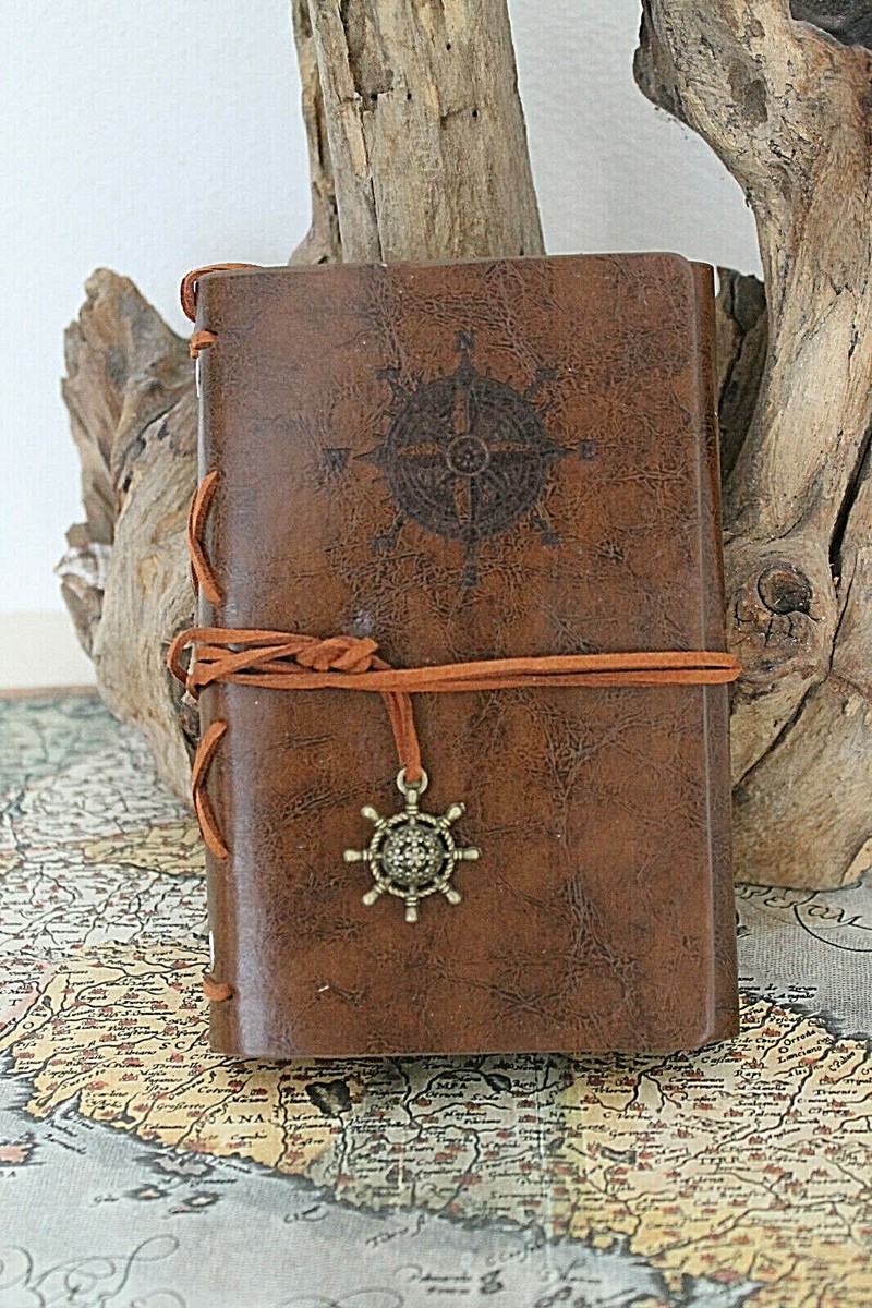 Diario Di Viaggio In Pelle Con Tema Nautico - Formato A6, Con Anelli, Motivo Bussola E Ciondolo, Ideale Per Ricordi - Foto 12