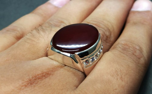 Natural Yemeni Deep Brown Aqeeq Sterling Silver 925 Handmade Carnelian Mens Ring - Picture 6 of 12