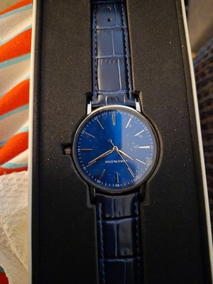 Longvadon Classic Bleu Nuit Quartz Wristwatch Blue Leather Strap Silver Case