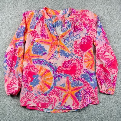 Lilly Pulitzer Silk Blouse Women XXS Pink Starfish Print Smocked Top