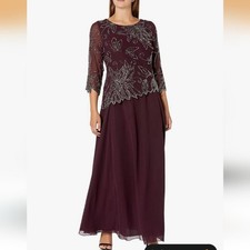 J Kara Floral Beaded Gown Wine
