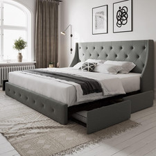 Full Size Bed Frame with 4 Storage Drawers and Wingback Headboard, Button Tufted