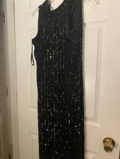 Black Sequin Sleeveless Dress with Flapper Fringe and Beaded Detail Size S
