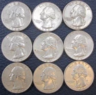 1964 P Washington Quarter 90% Silver - Lot Of 9 Condition Varies c